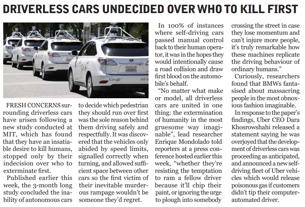 Article entitled, ‘Driverless cars undecided over who to kill first’